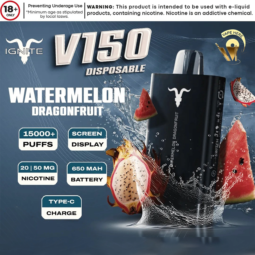 IGNITE V150 Disposable Vape 15000 PUFFS (20&50mg) Watermelon Dragon Fruit UAE Al Ain