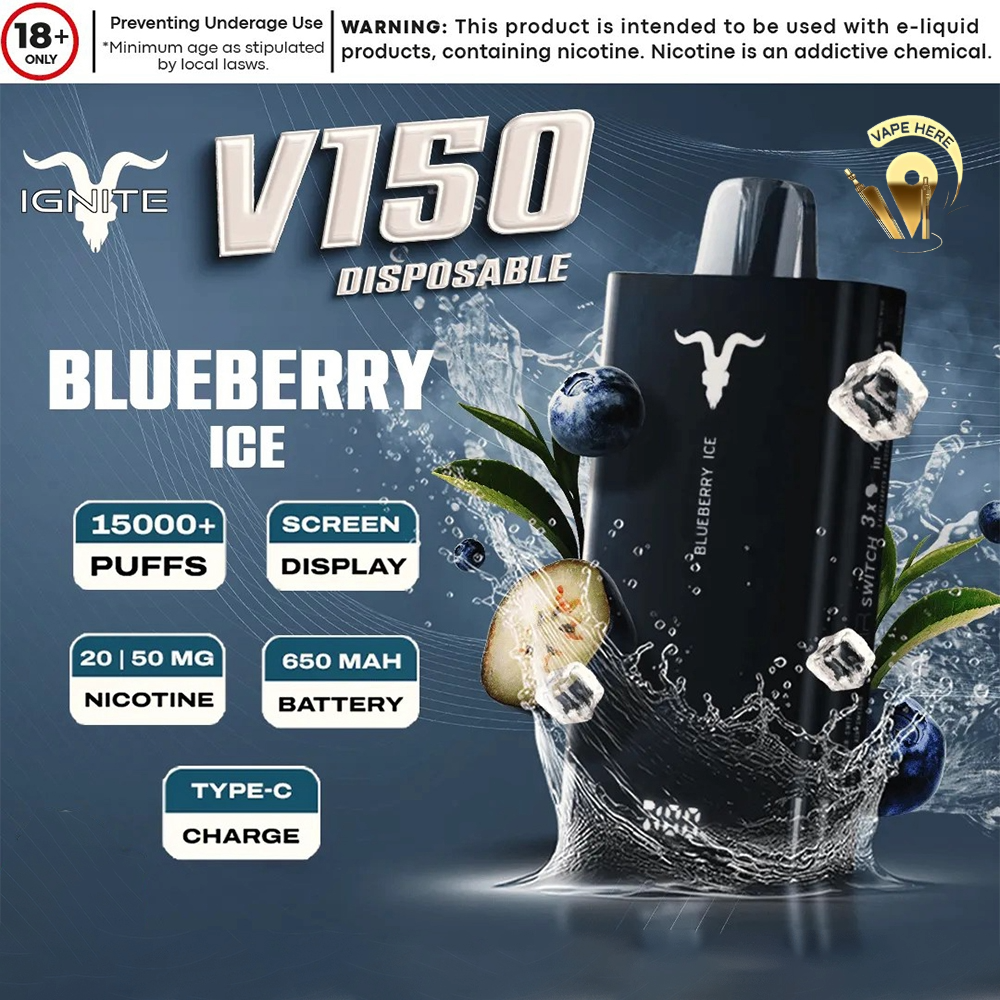 IGNITE V150 Disposable Vape 15000 PUFFS (20&50mg) Blueberry Ice UAE Ajman