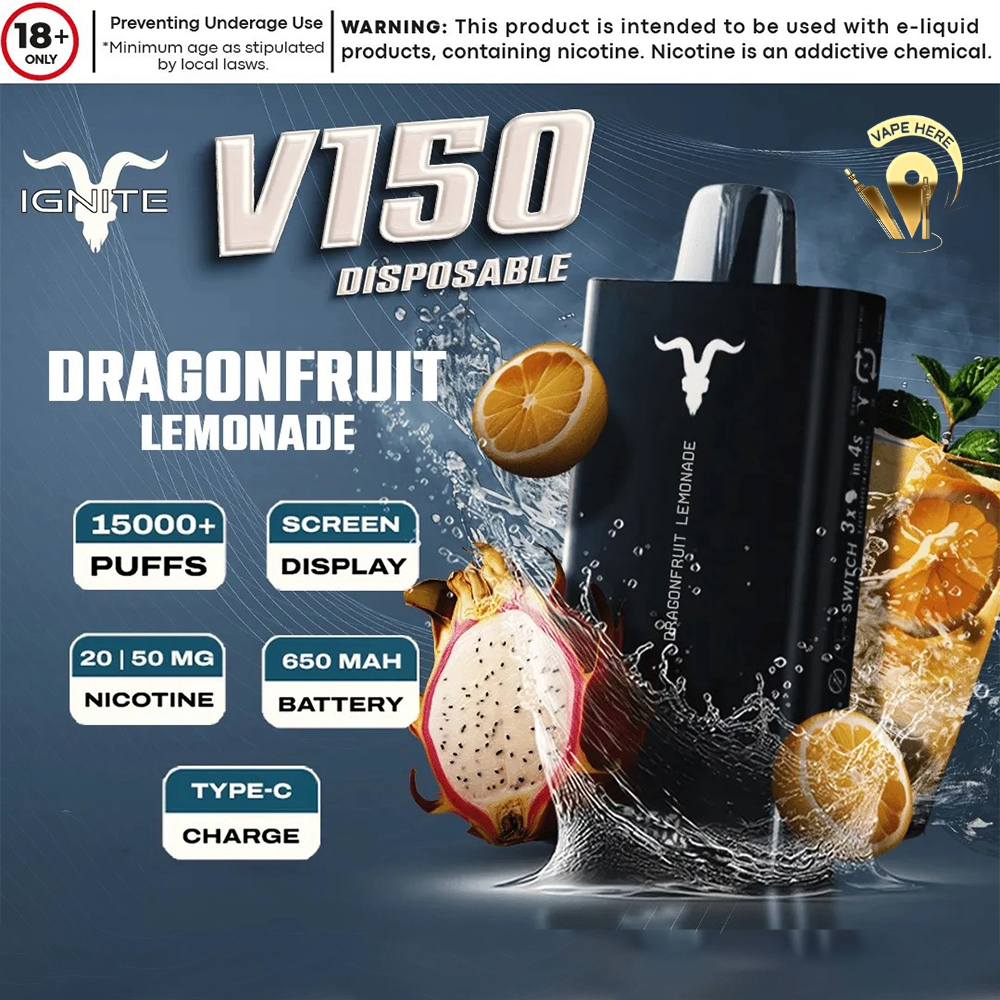 IGNITE V150 Disposable Vape 15000 PUFFS (20&50mg) Dragon Fruit Lemonade UAE Fujairah