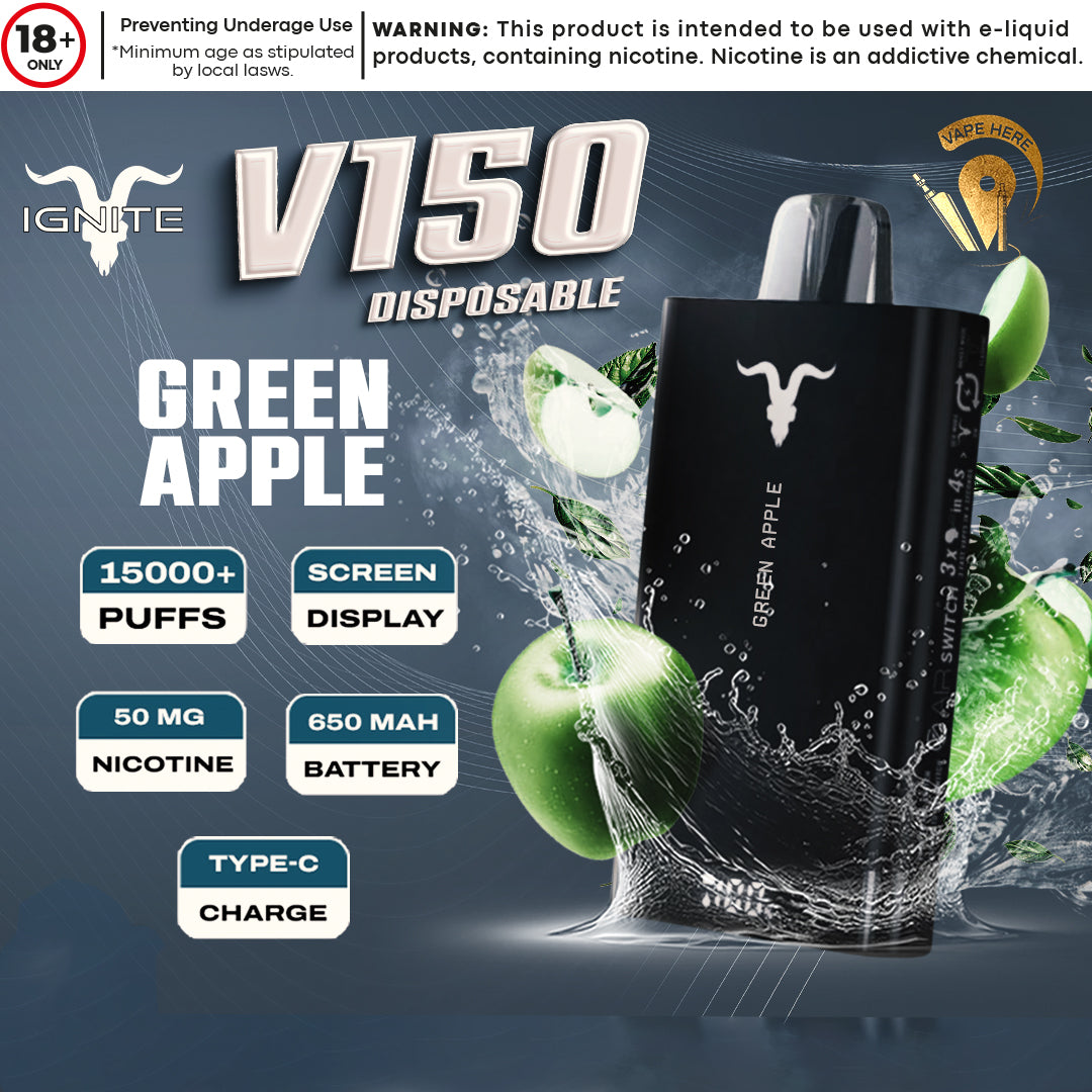 IGNITE V150 Disposable Vape 15000 PUFFS (20&50mg) Green Apple