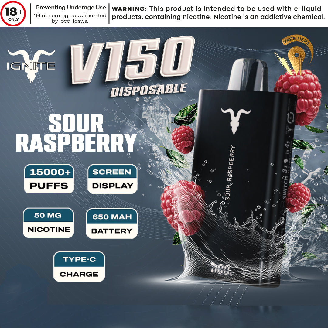 IGNITE V150 Disposable Vape 15000 PUFFS (20&50mg) Sour Raspberry