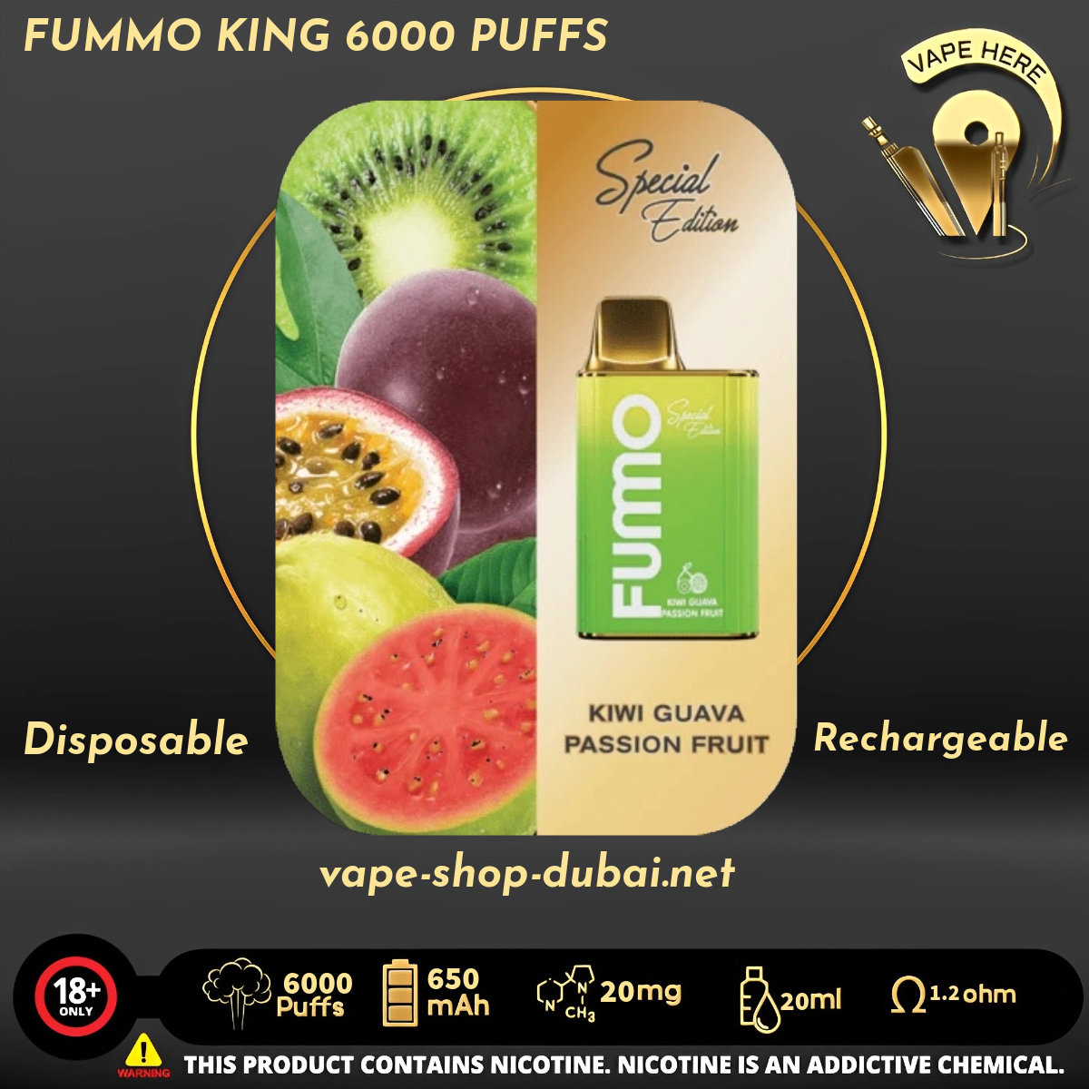 FUMMO KING 6000 PUFFS 20 MG Kiwi Guava Passion Fruit DISPOSABLE VAPE UAE Dubai