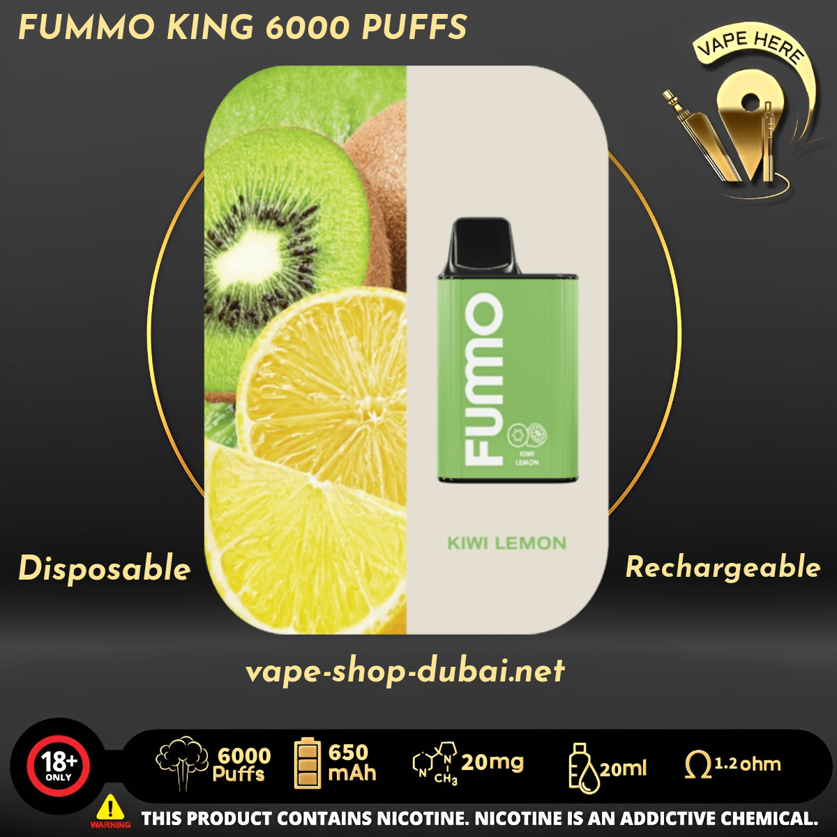 FUMMO KING 6000 PUFFS 20 MG Kiwi Lemon DISPOSABLE VAPE UAE Sharjah