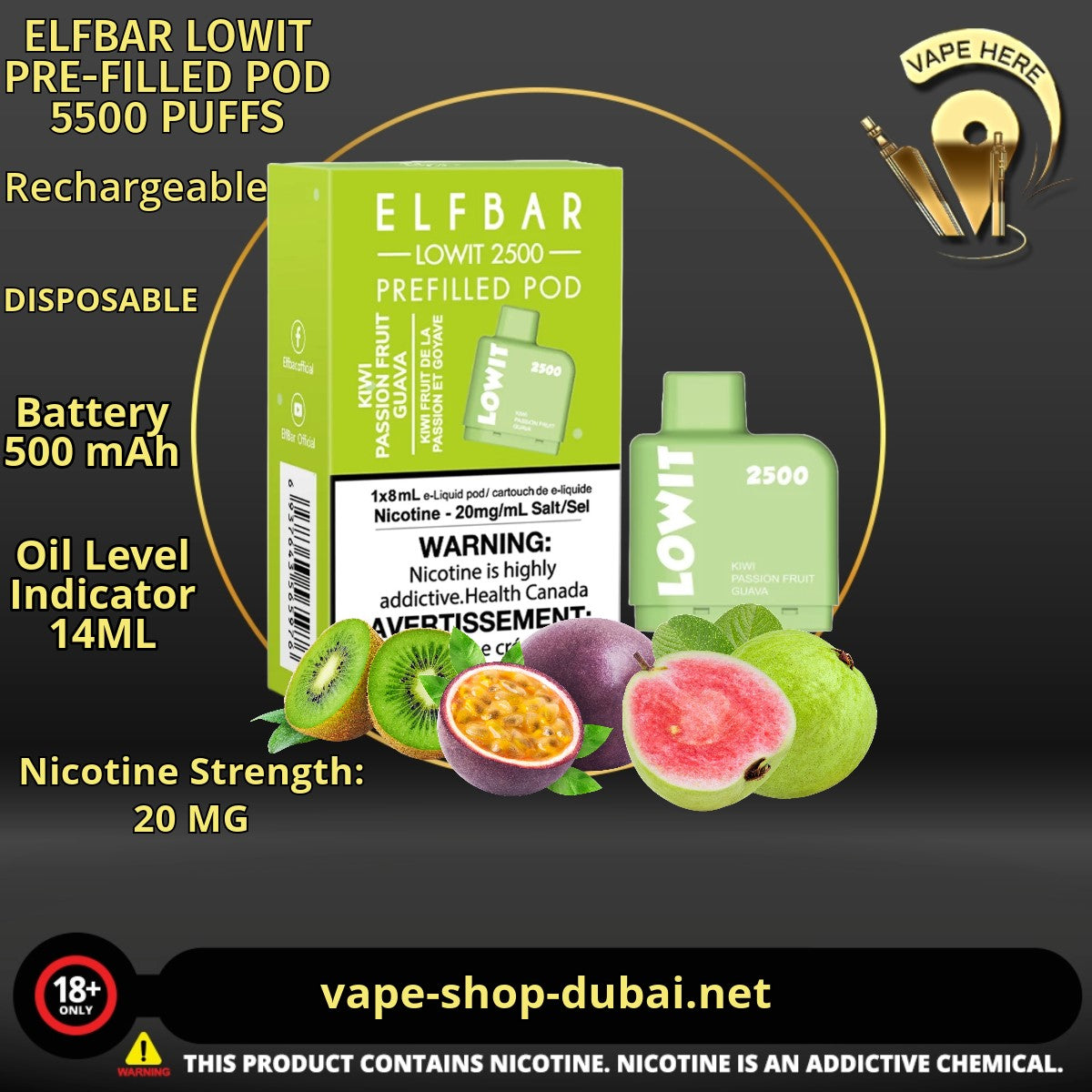 ELFBAR LOWIT PRE-FILLED POD 5500 PUFFS Kiwi Passion Fruit Guava 20MG UAE Abu Dhabi