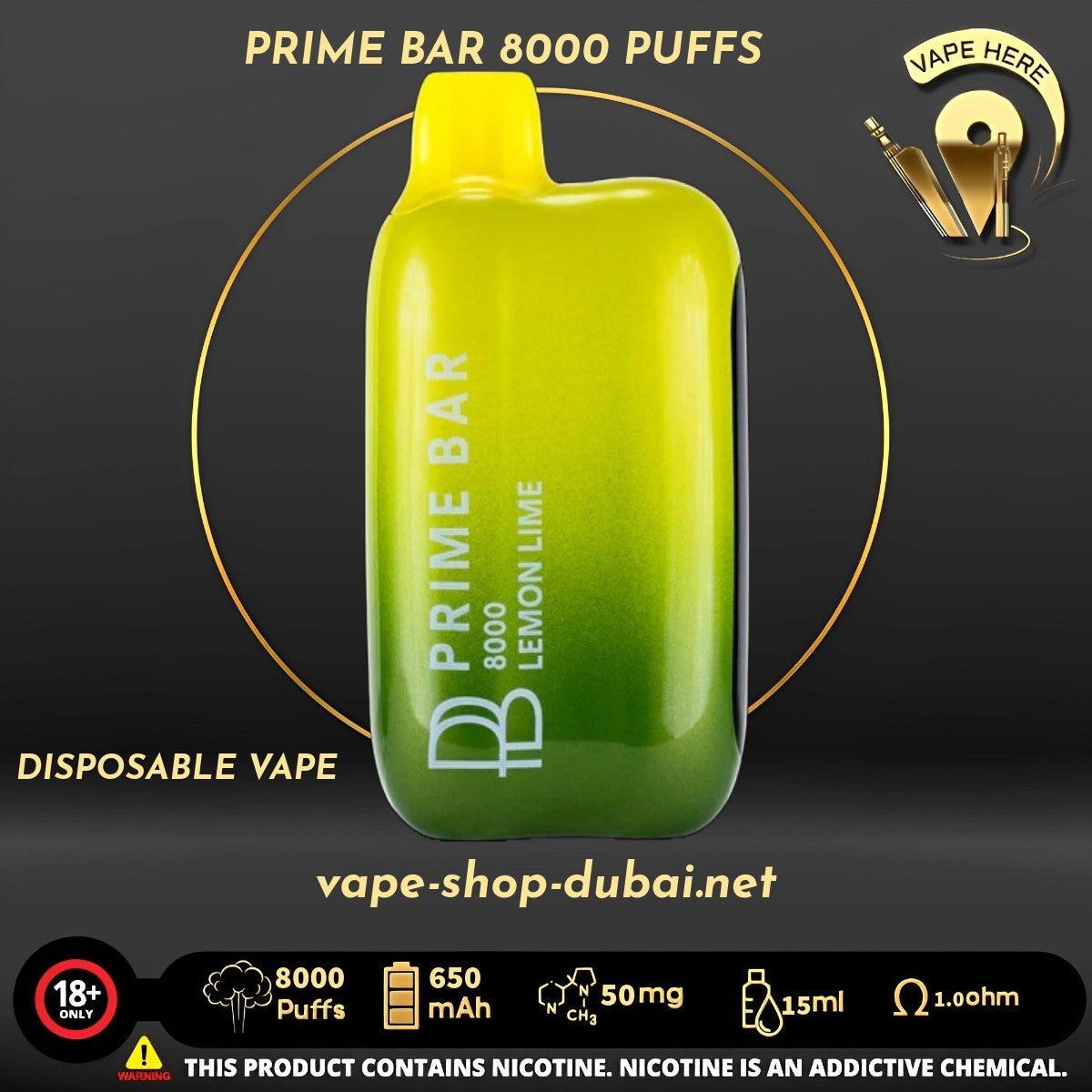 PRIME BAR 8000 PUFFS Lemon Mint 50MG DISPOSABLE VAPE UAE Abu Dhabi