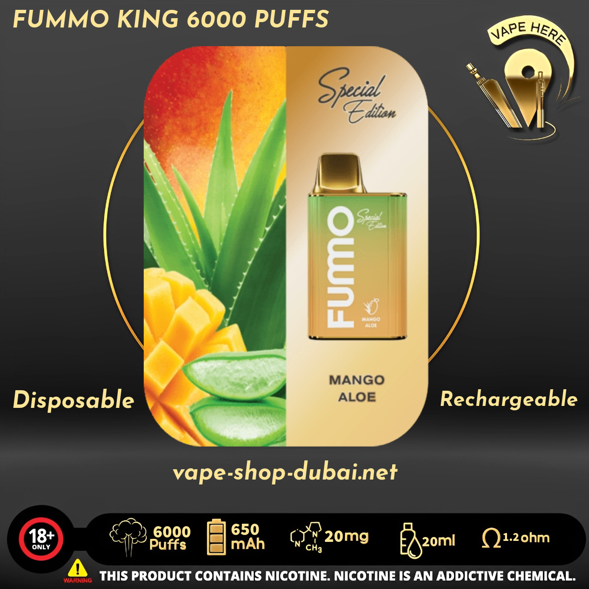 FUMMO KING 6000 PUFFS 20 MG Mango Aloe DISPOSABLE VAPE UAE Ras Al Khaimah