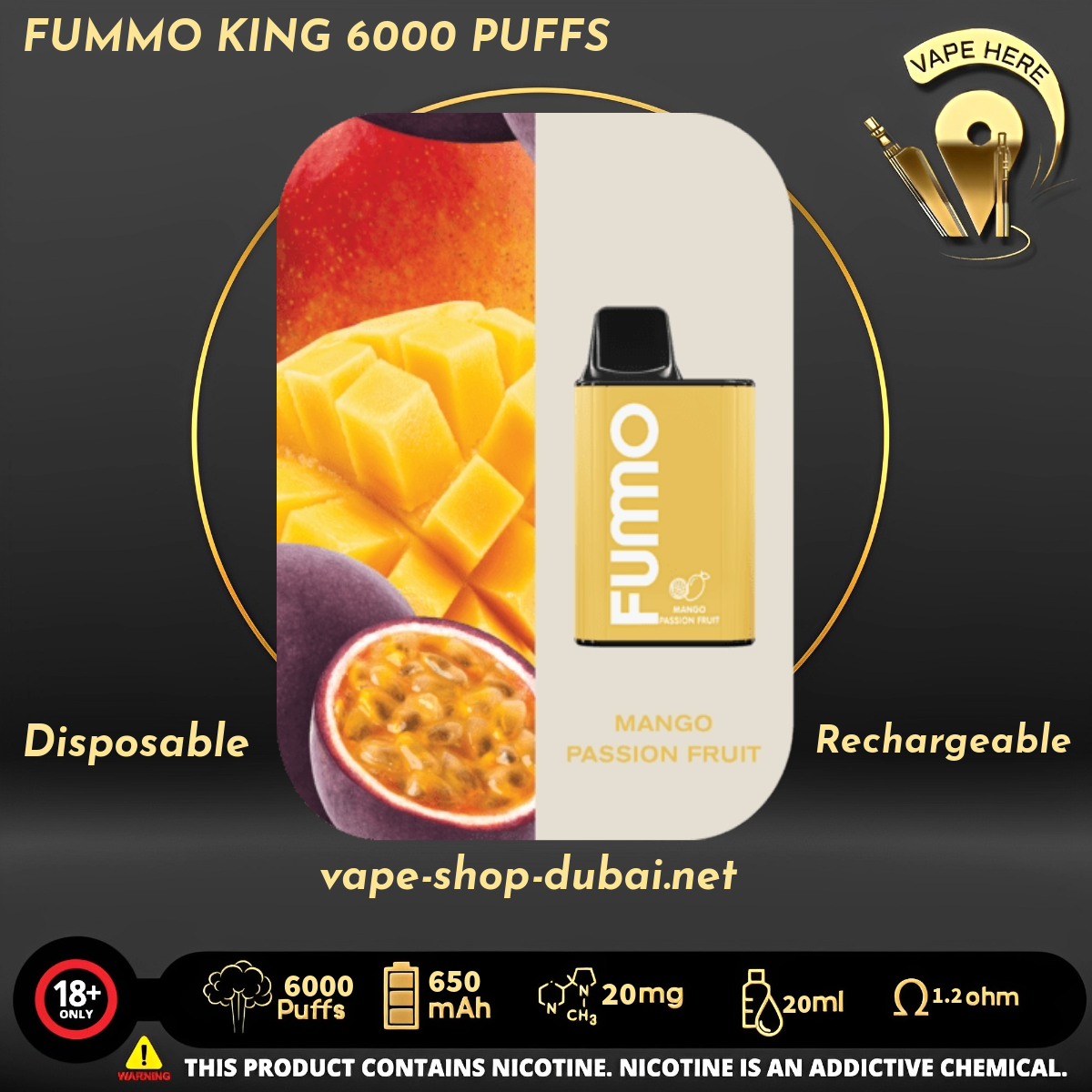 FUMMO KING 6000 PUFFS 20 MG Mango Passion Fruit DISPOSABLE VAPE UAE Sharjah