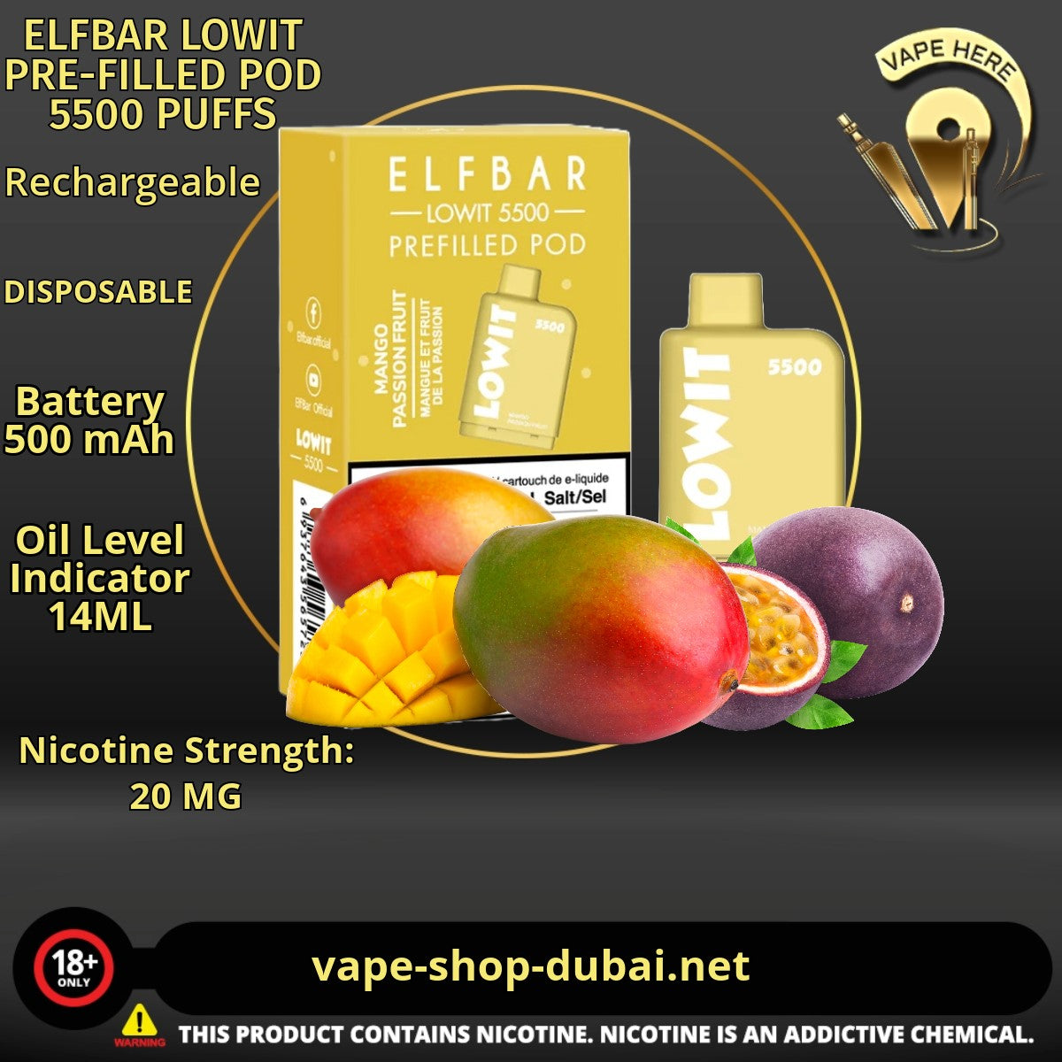 ELFBAR LOWIT PRE-FILLED POD 5500 PUFFS Mango Passion Fruit 20MG UAE Sharjah