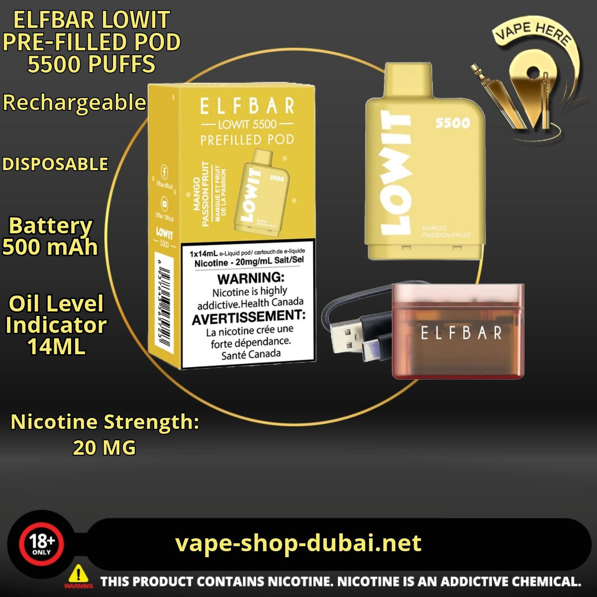 ELFBAR LOWIT PRE-FILLED POD 5500 PUFFS Mango Passion Fruit  20MG UAE Ajman