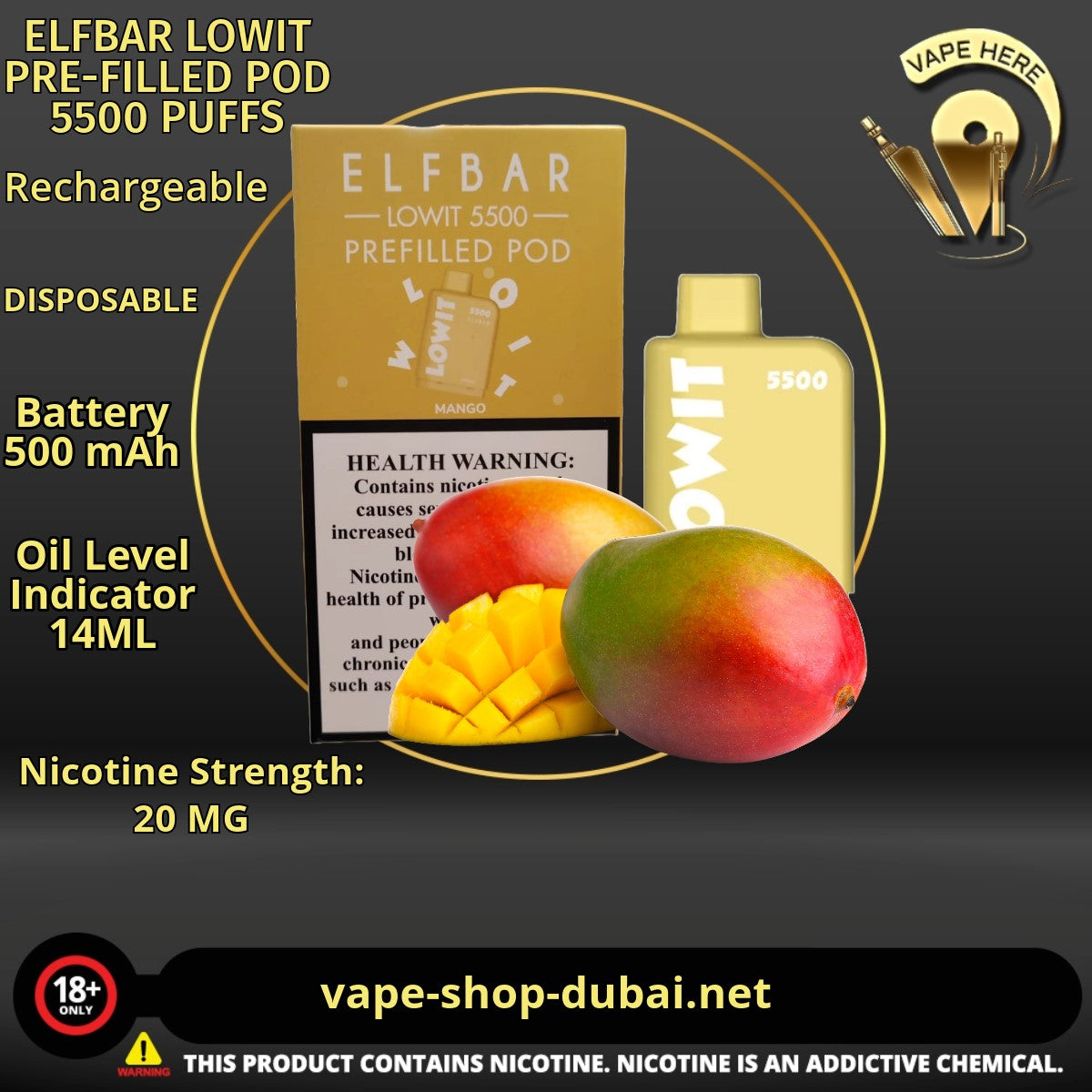 ELFBAR LOWIT PRE-FILLED POD 5500 PUFFS Mango 20MG UAE Abu Dhabi