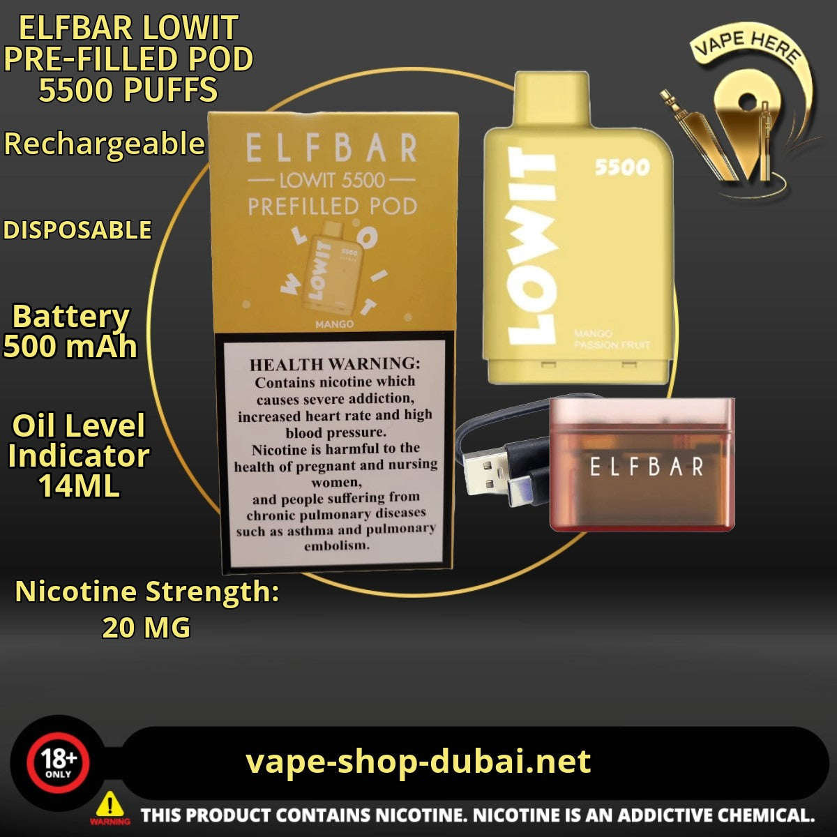 ELFBAR LOWIT PRE-FILLED POD 5500 PUFFS 20MG - Vape Here Store