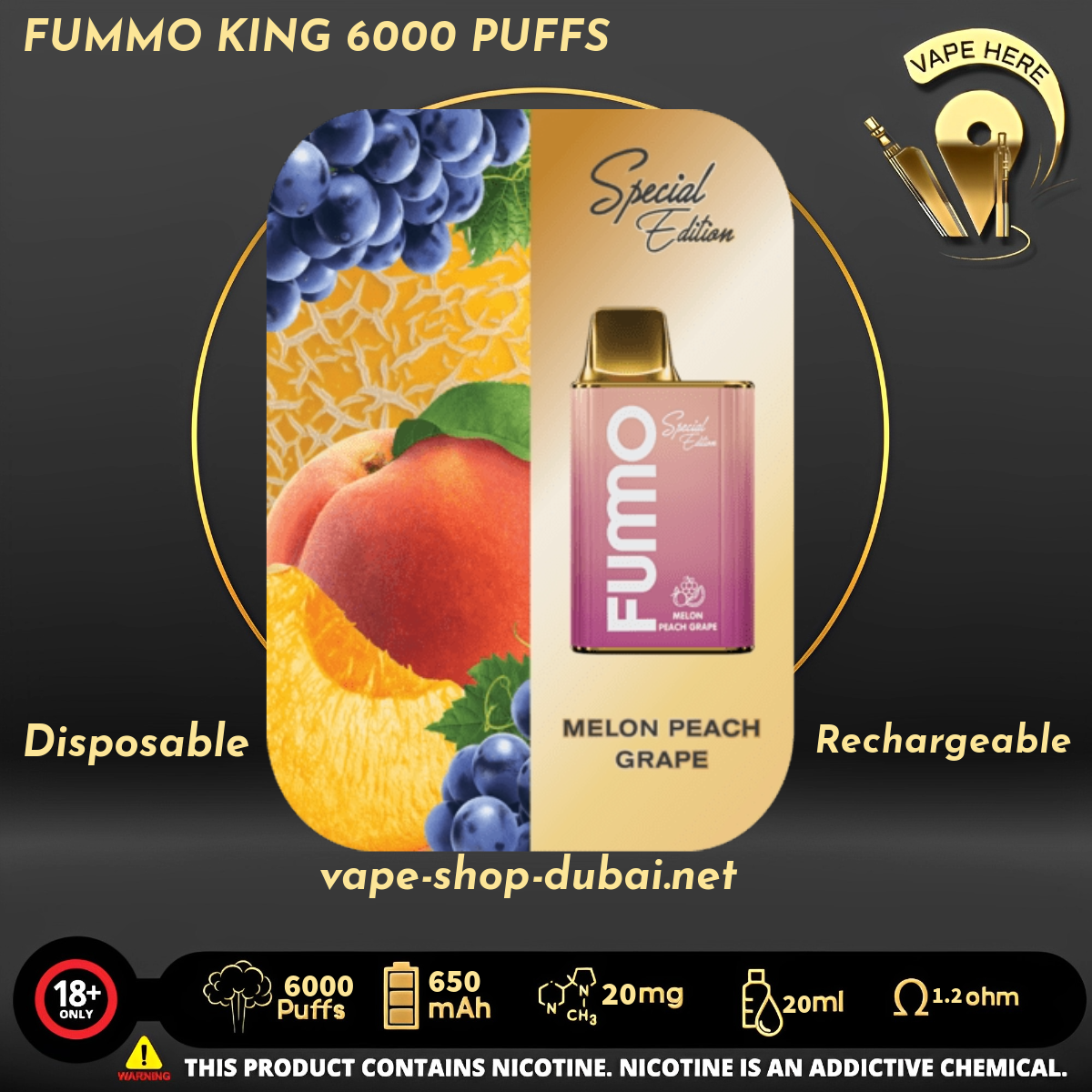 FUMMO KING 6000 PUFFS 20 MG Melon Peach Grape DISPOSABLE VAPE UAE Dubai