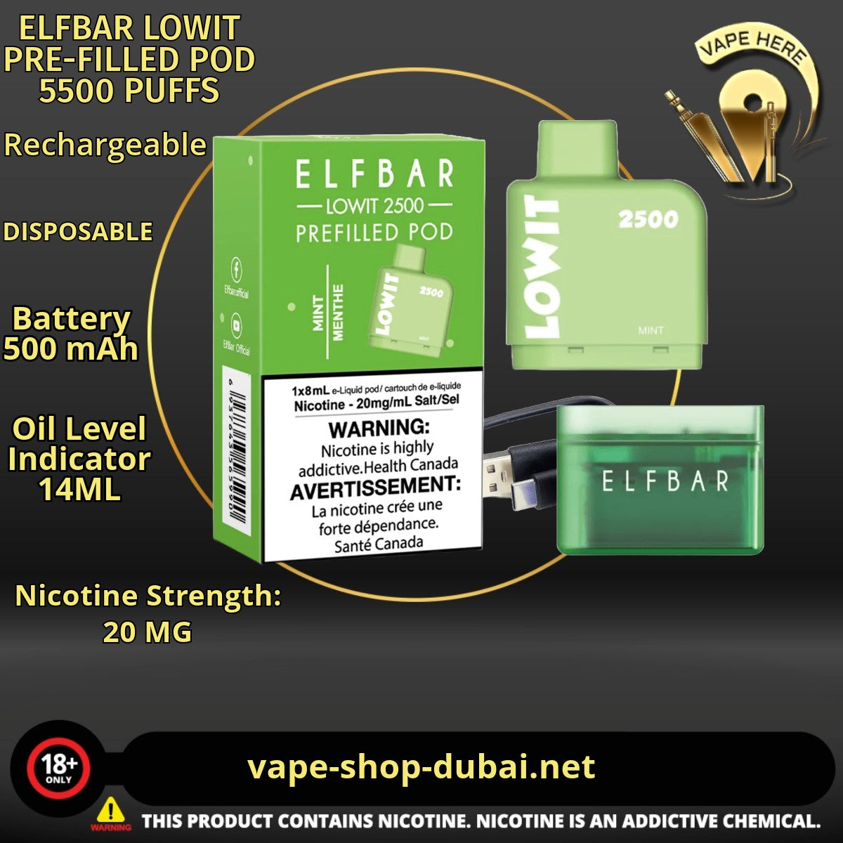 ELFBAR LOWIT PRE-FILLED POD 5500 PUFFS 20MG - Vape Here Store