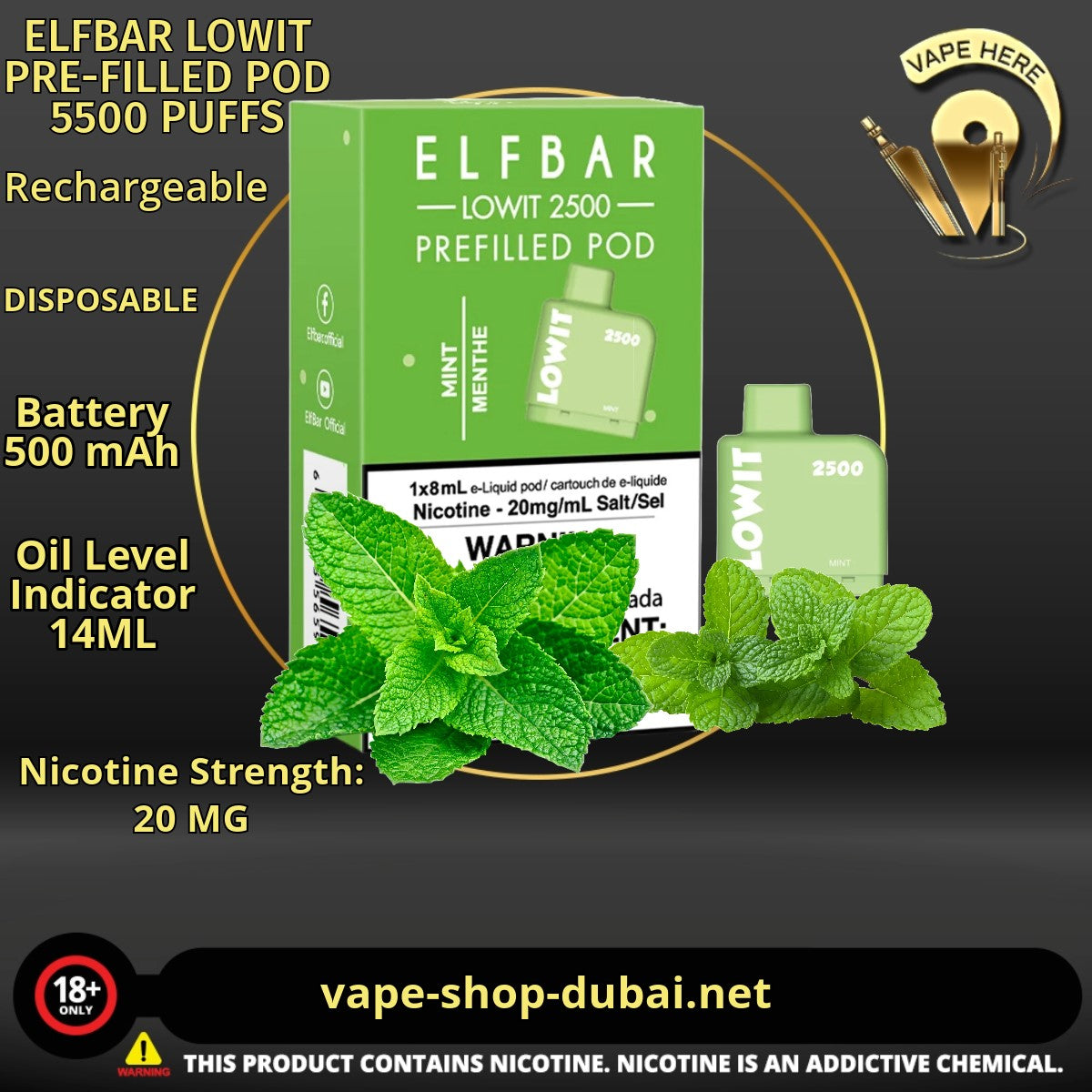 ELFBAR LOWIT PRE-FILLED POD 5500 PUFFS Mint 20MG UAE Sharjah