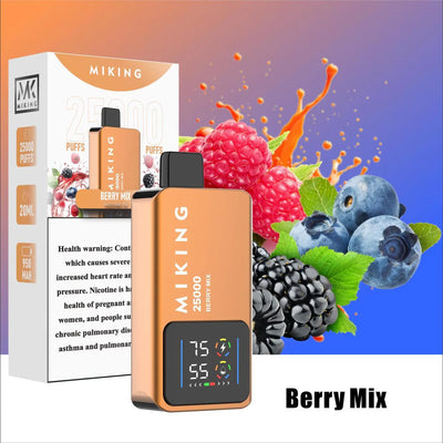 Vaping device with 'Berry Mix' flavor and MIKING branding, surrounded by berries on a colorful background.