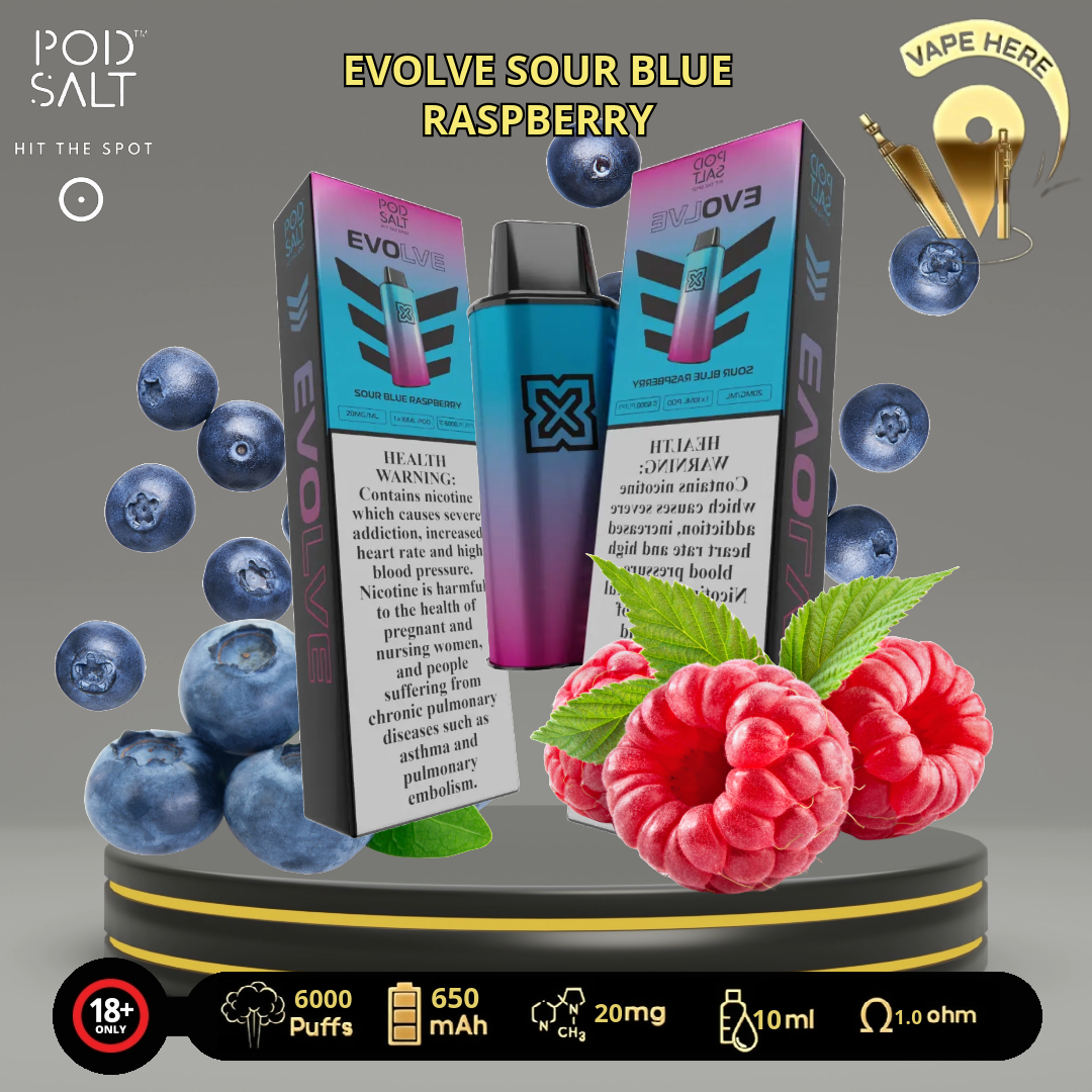 POD SALT EVOLVE 6000 PUFFS 20 MG DISPOASABLE VAPE Sour Blue Raspberry