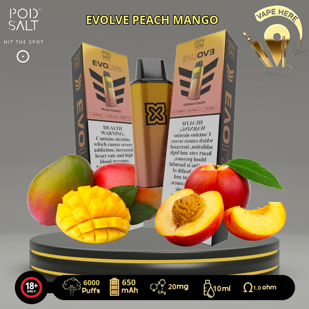 POD SALT EVOLVE 6000 PUFFS 20 MG DISPOASABLE VAPE Peach Mango