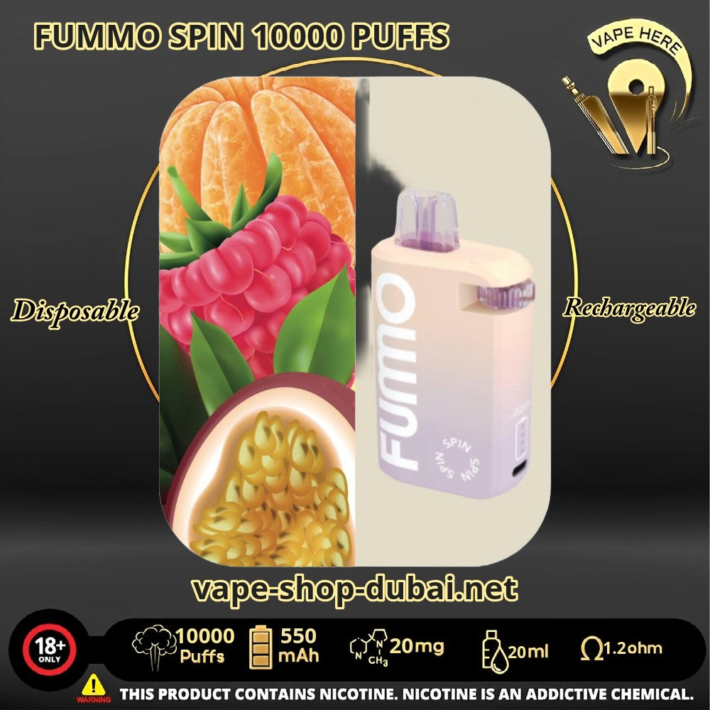 FUMMO SPIN 10000 PUFFS 20 MG DISPOSABLE VAPE Passion Fruit Raspberry Tangerine