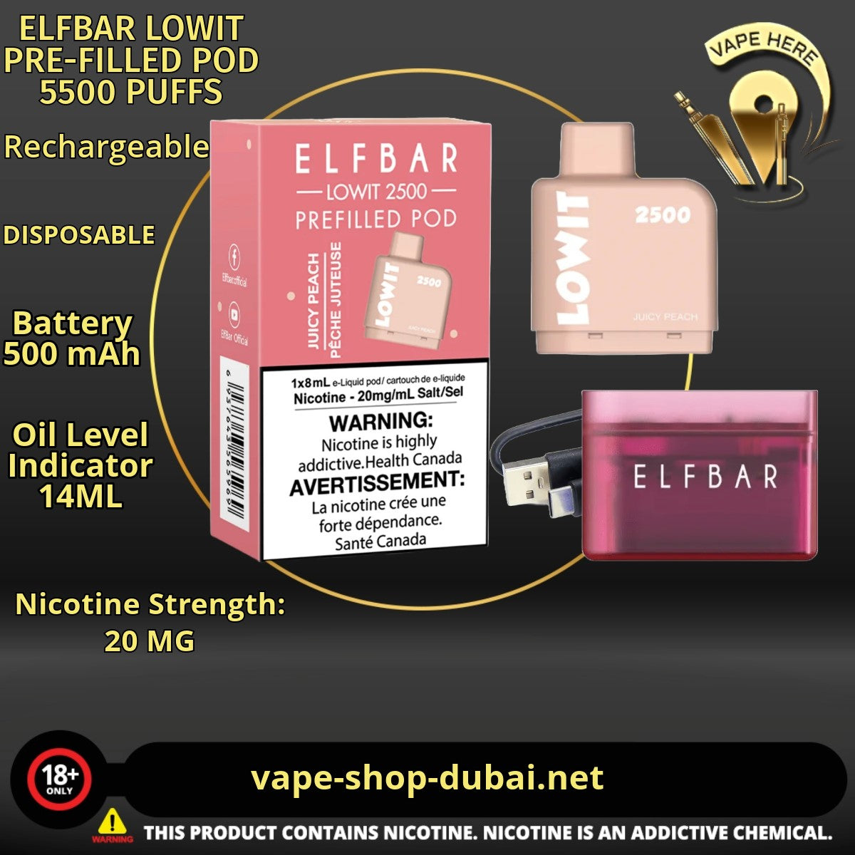 ELFBAR LOWIT PRE-FILLED POD 5500 PUFFS 20MG - Vape Here Store