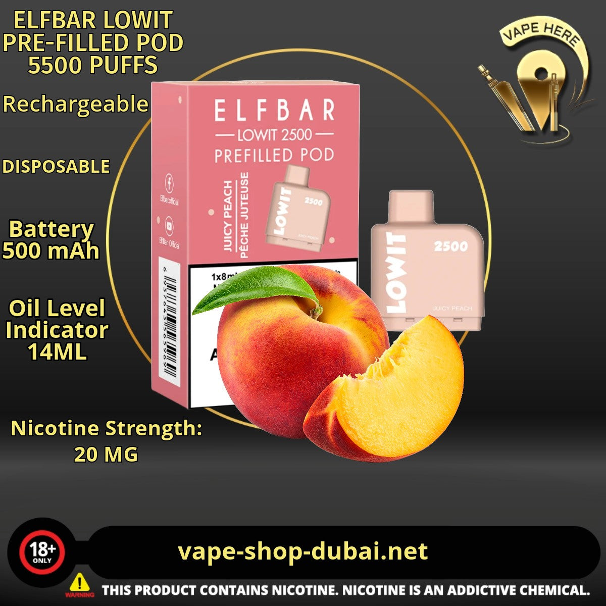 ELFBAR LOWIT PRE-FILLED POD 5500 PUFFS Peach Fruit 20MG UAE Dubai