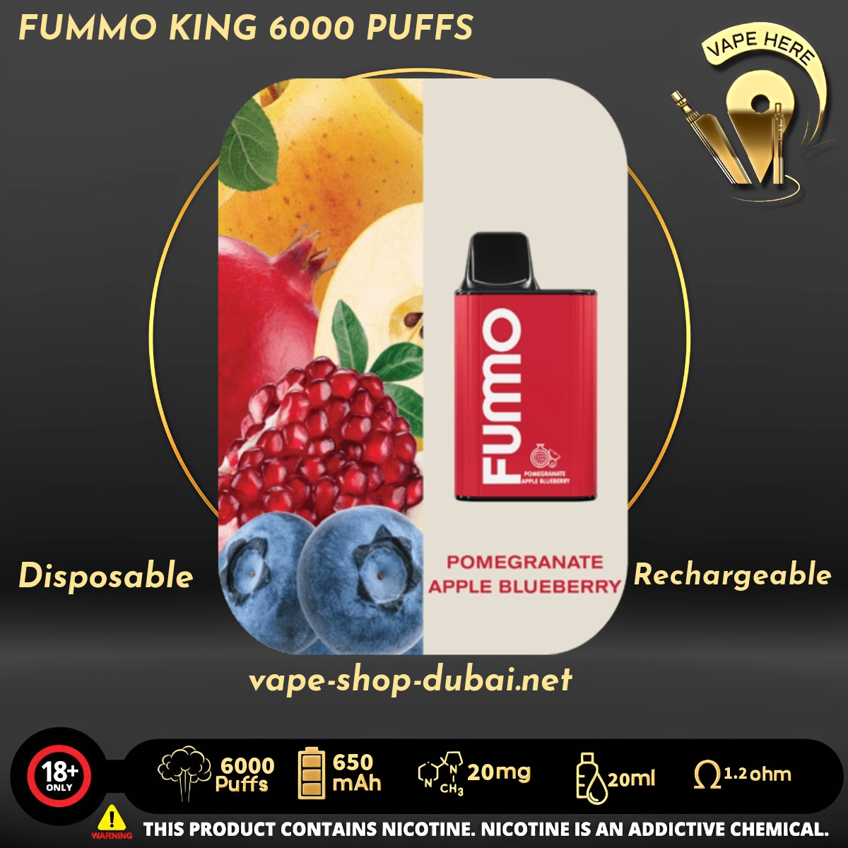 FUMMO KING 6000 PUFFS 20 MG Pomegranate Apple Blueberry DISPOSABLE VAPE UAE Ajman