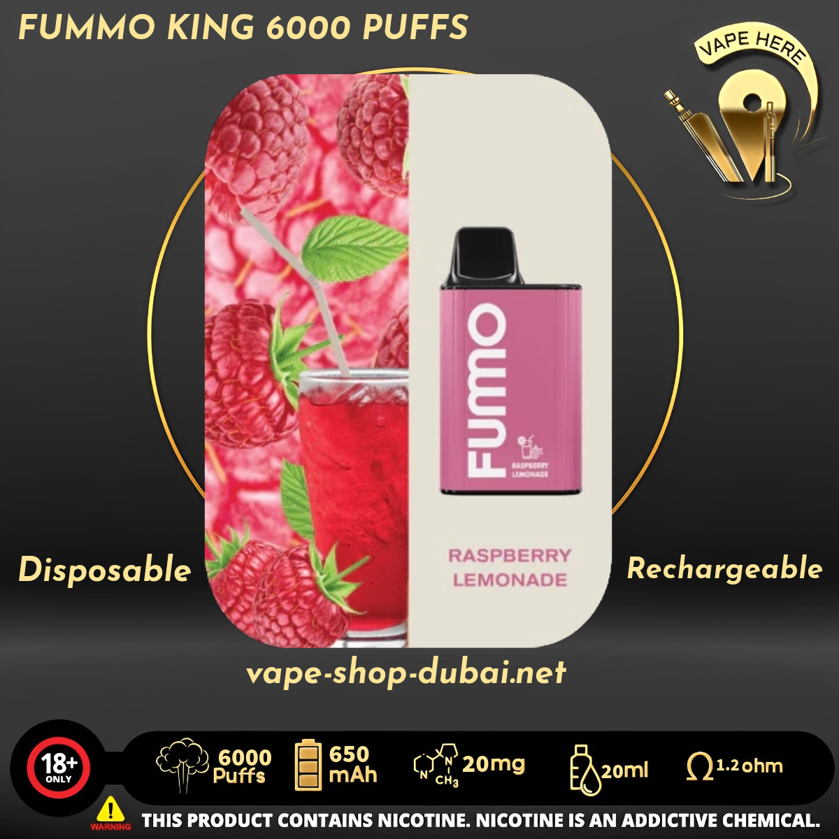 FUMMO KING 6000 PUFFS 20 MG Raspberry Lemon DISPOSABLE VAPE UAE Abu Dhabi