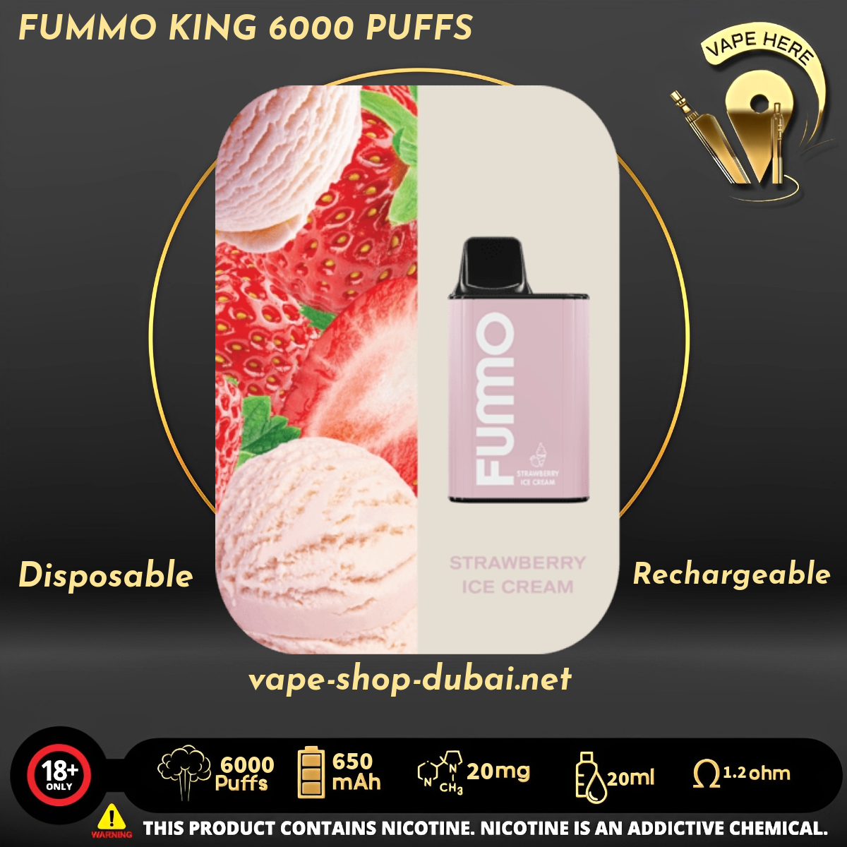 FUMMO KING 6000 PUFFS 20 MG Strawberry Ice Cream DISPOSABLE VAPE UAE Abu Dhabi