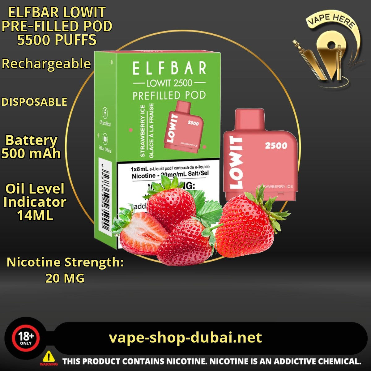 ELFBAR LOWIT PRE-FILLED POD 5500 PUFFS Strawberry Ice 20MG UAE Dubai