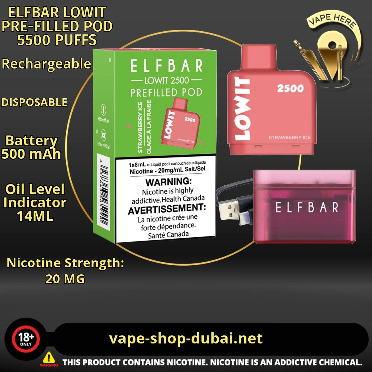 ELFBAR LOWIT PRE-FILLED POD 5500 PUFFS Strawberry Ice 20MG UAE Ajman