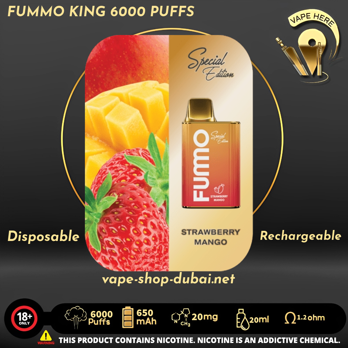 FUMMO KING 6000 PUFFS 20 MG Strawberry Mango DISPOSABLE VAPE UAE Ras Al Khaimah