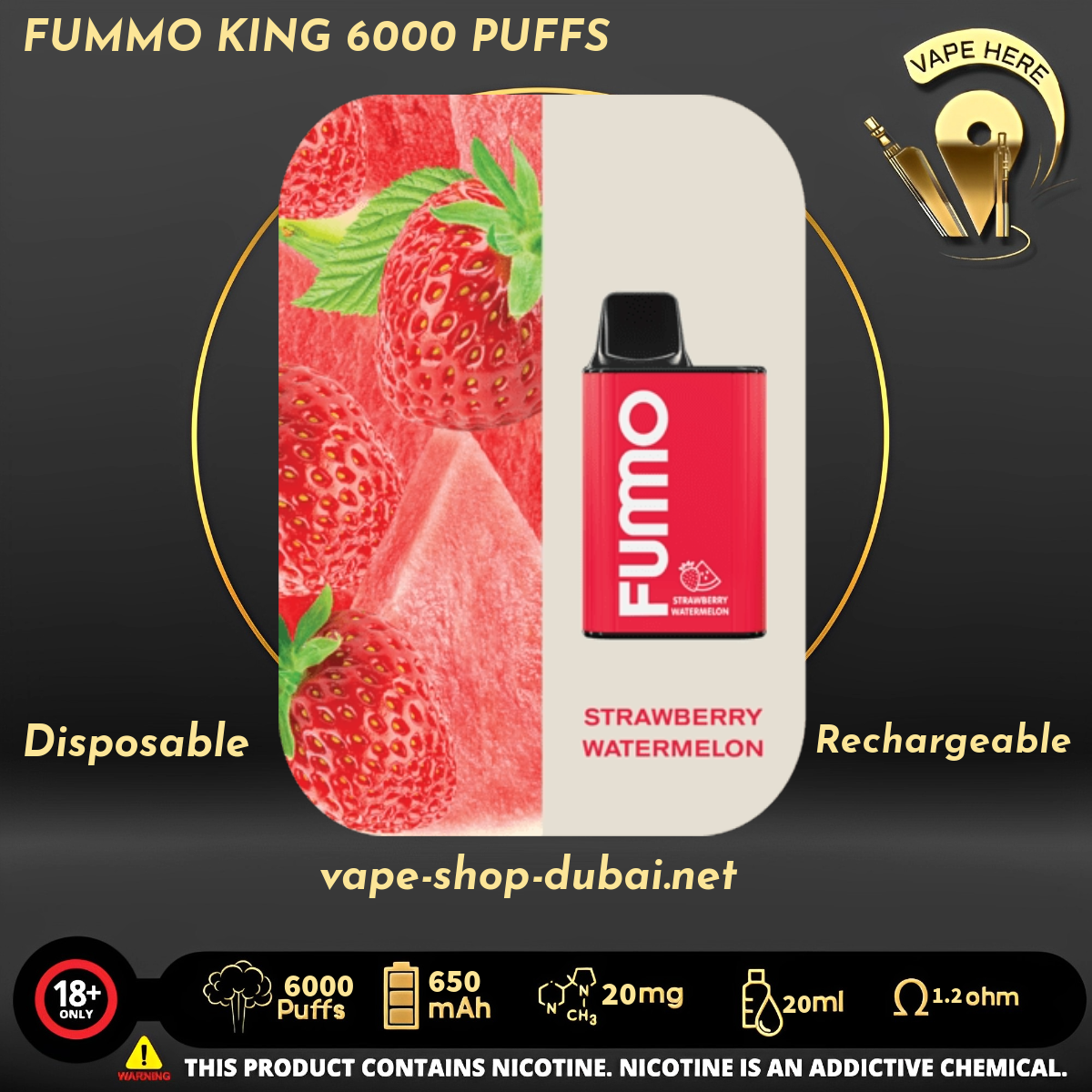 FUMMO KING 6000 PUFFS 20 MG Strawberry Watermelon DISPOSABLE VAPE UAE Sharjah