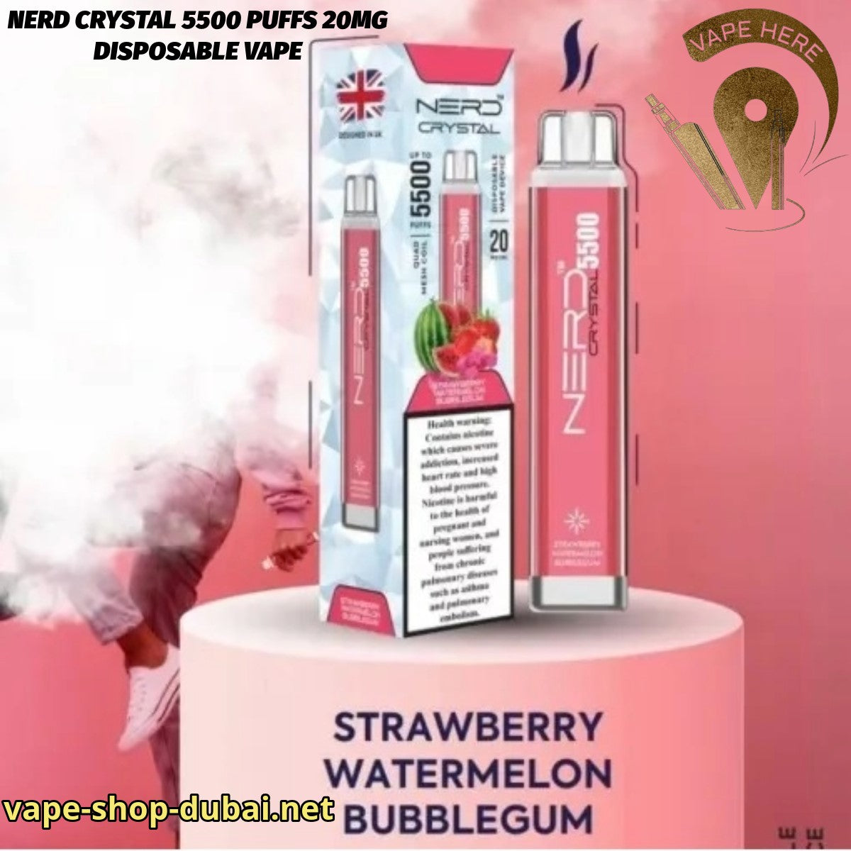 NERD CRYSTAL 5500 PUFFS 20MG Strawberry Watermelon Bubble Gum DISPOSABLE VAPE UAE Dubai