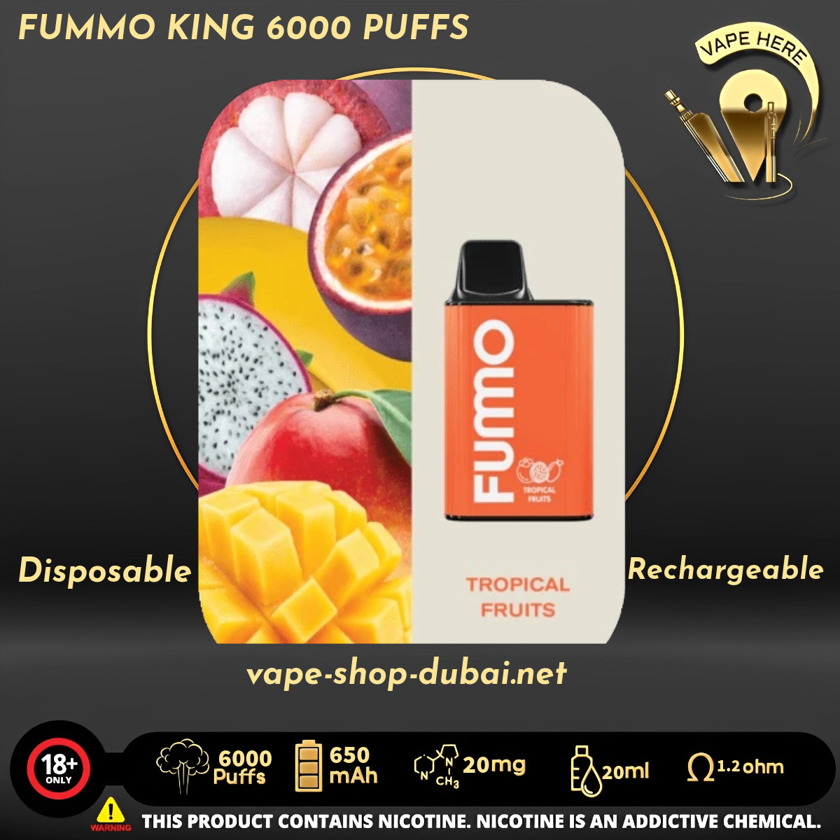 FUMMO KING 6000 PUFFS 20 MG Tropical Fruit DISPOSABLE VAPE UAE Ajman