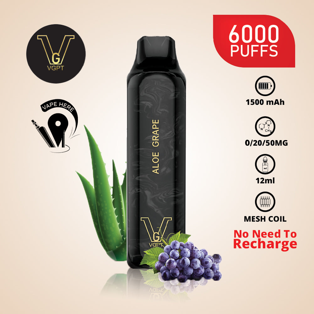 VGPT 6000 PUFFS (0mg, 20mg, 50mg) Disposable Vape Non-Rechargeable Aloe Grape UAE Al Ain
