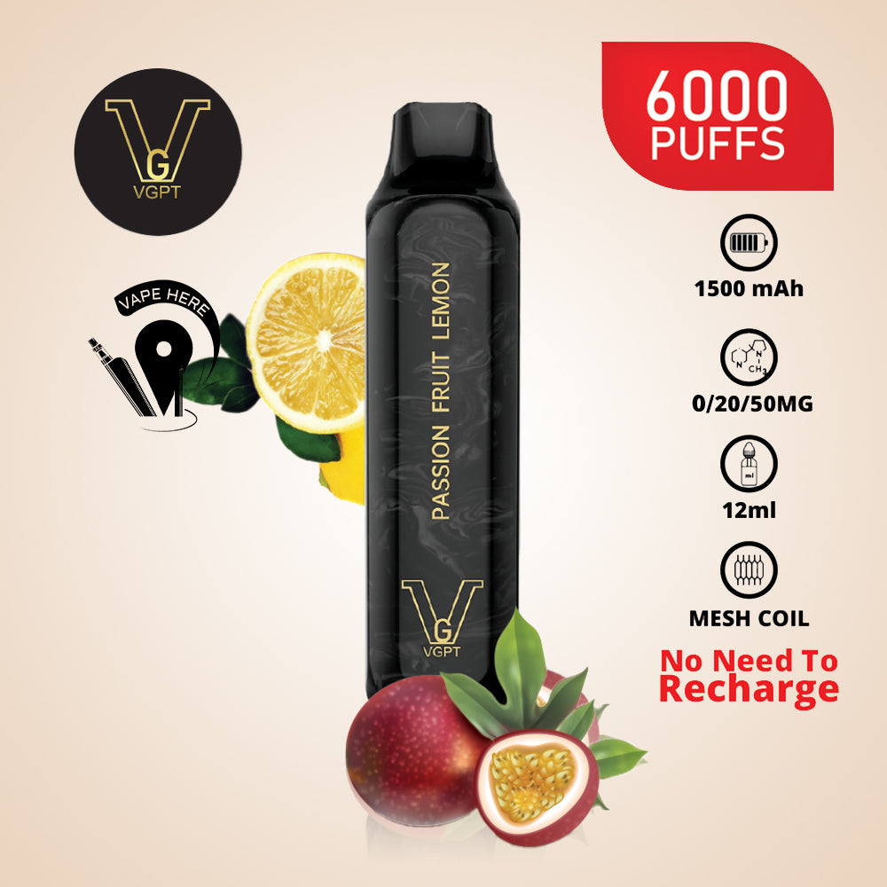 VGPT 6000 PUFFS (0mg, 20mg, 50mg) Disposable Vape Non-Rechargeable Passion Fruit Lemon UAE Abu Dhabi