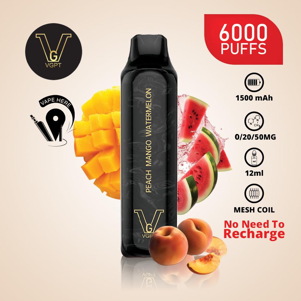 VGPT 6000 PUFFS (0mg, 20mg, 50mg) Disposable Vape Non-Rechargeable Peach Mango Watermelon UAE Fujairah