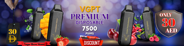 Promotional banner for VGPT premium disposable vape devices with price and discount information.