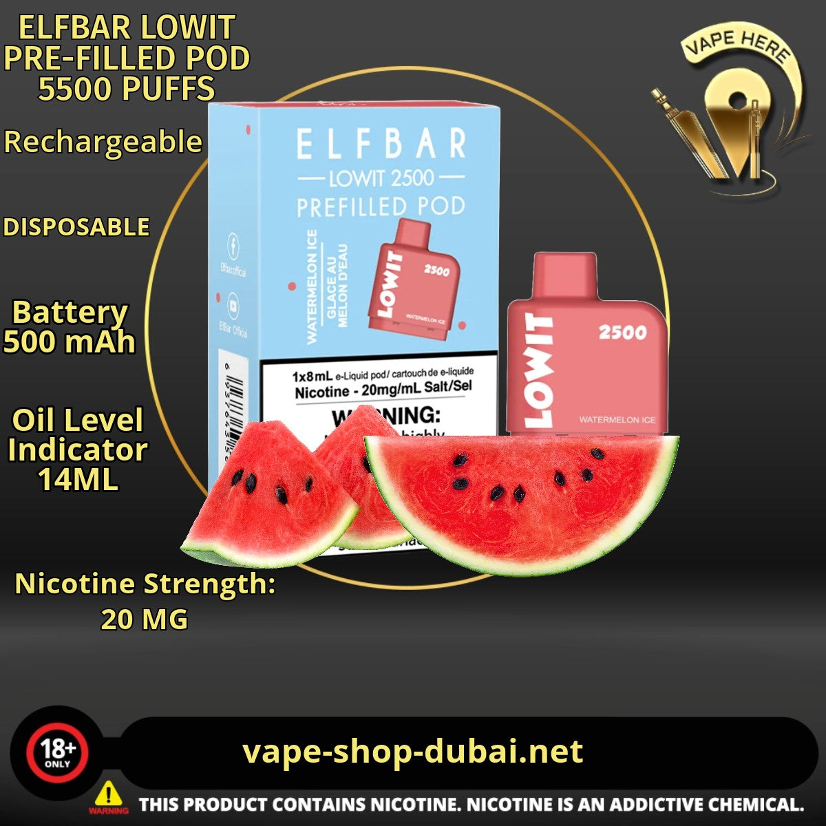 ELFBAR LOWIT PRE-FILLED POD 5500 PUFFS Watermelon Ice Fruit 20MG UAE Dubai