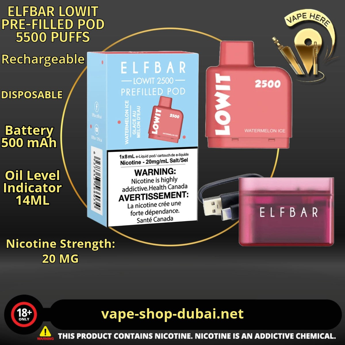 ELFBAR LOWIT PRE-FILLED POD 5500 PUFFS 20MG - Vape Here Store