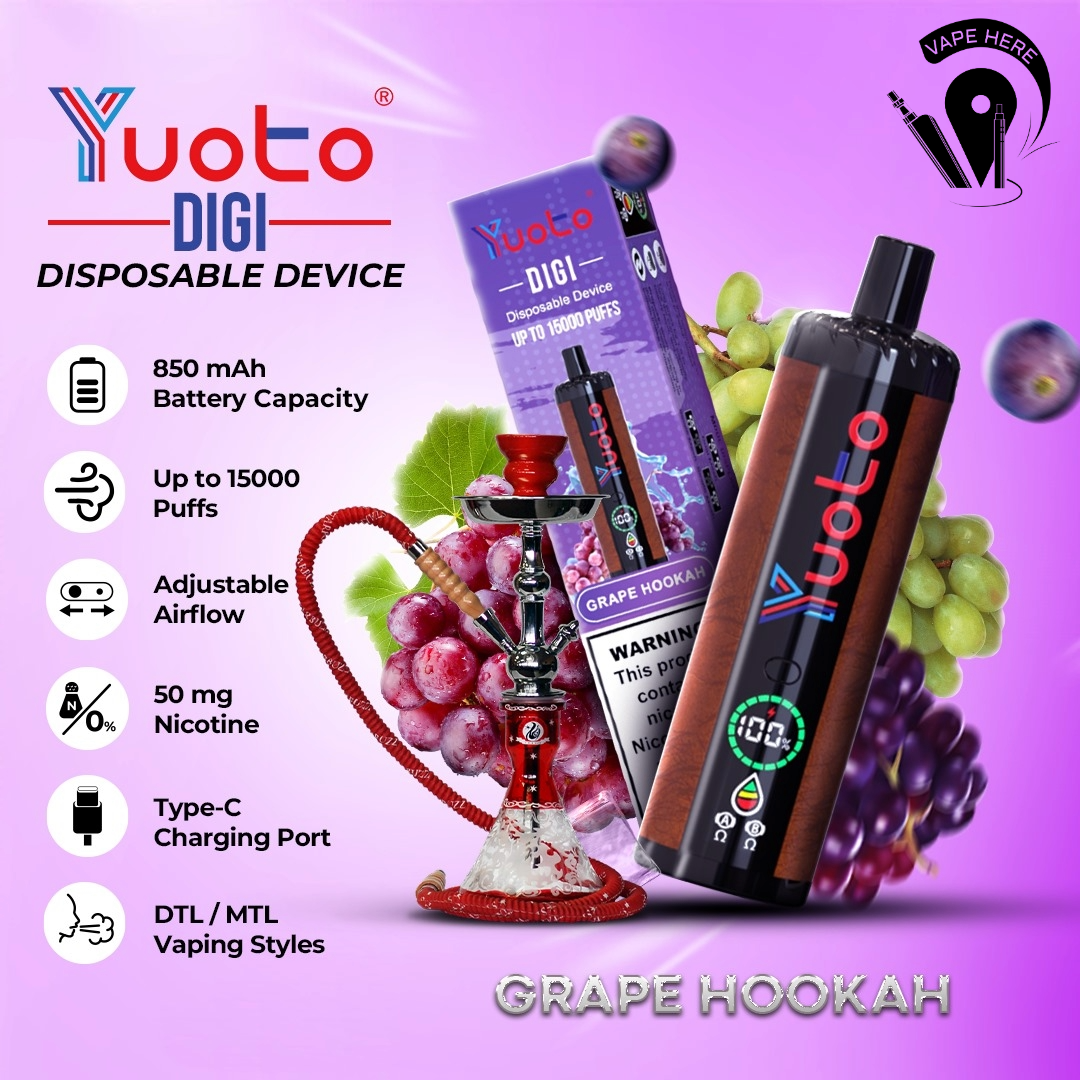 Yuoto DIGI 15000 Puffs Disposable Shisha Vape Grape Hookah UAE Ras Al Khaimah