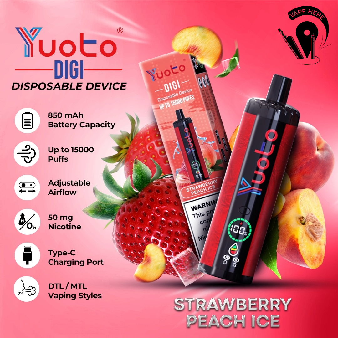 Yuoto DIGI 15000 Puffs Disposable Shisha Vape Strawberry Peach Ice UAE Dubai